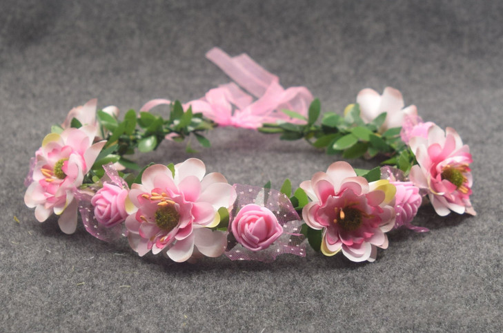 Artfen Bridal Flower Garland Headband Flower Crown Hair Wreath Halo Adjustable Ribbon Wedding Festivals Photography Pink