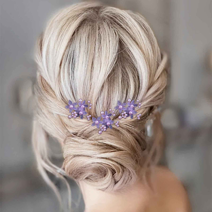 Aneneiceera Pearl Bride Wedding Hair Pins Purple Bead Hair Piece Bridal Flower Headpieces bridesmaid Hair Accessories for Women and Girls (Pack of 3)