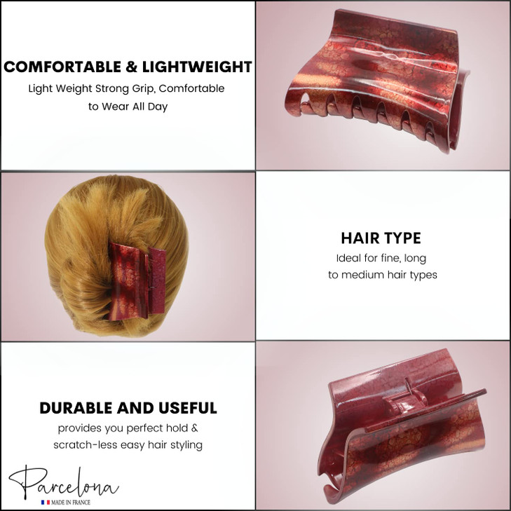 Parcelona French Maroon Medium Celluloid Acetate 3 inch Jaw Hair Claw Clip Clamp Clutcher for Women and Girls, Made in France