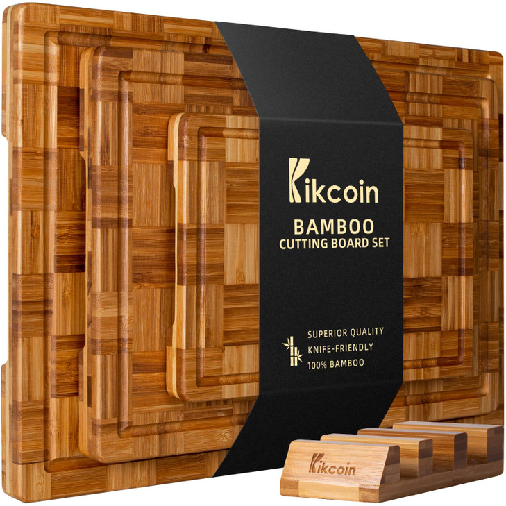 Kikcoin Extra Large Bamboo Cutting Boards, (Set of 3) Chopping Boards with Juice Groove Bamboo Wood Cutting Board Set Butcher Block for Kitchen, End