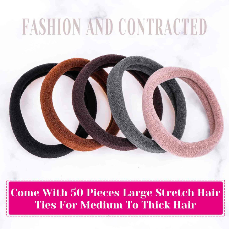 Anezus 50 Pcs Thick Black Hair Ties Large Hair Elastics Bulk Hair Ties Stretch Hair Bands Ponytail Holders for Thick Heavy and Curly Hair, Neutral Co