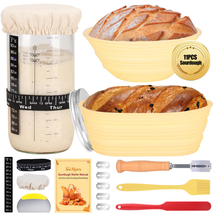 Sourdough Starter Kit, 34oz Sourdough Starter Jar, 2 Bread Proofing Baskets, Thermometer, Feeding Time Tracker, Metal Scraper, Easy to Clean, Complet
