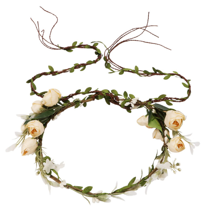 YISSION Beige Flower Crown floral Wreath Headband Flower Women Girl Headpiece Hair Accessories for Wedding Photo Shoot Festivals