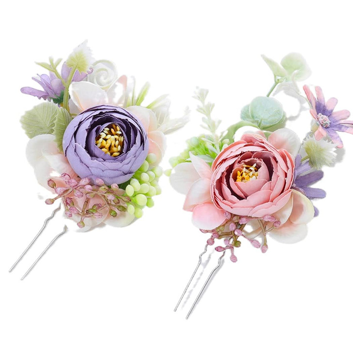 Campsis 2PCS Wedding Flower Hair Pins Purple Artificial Hair Piece Handmade Bride Headpiece Engagement Prom Beach Party for Women and Girls