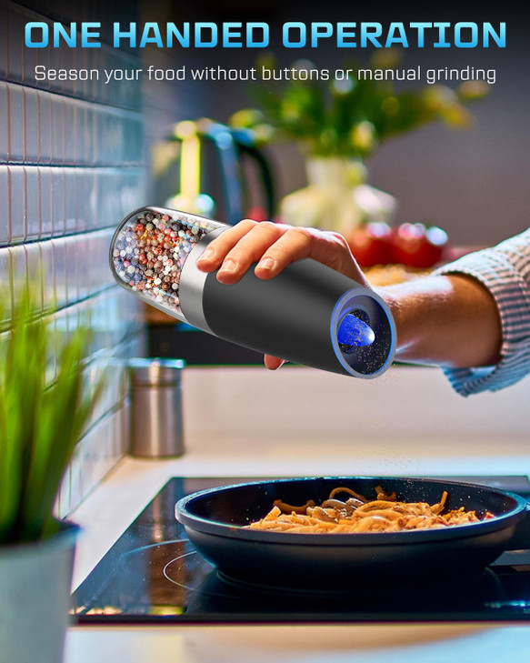 XinXu Gravity Electric Pepper and Salt Grinder Set, Adjustable Coarseness, with LED Light, One Hand Automatic Operation (Set/Black X)