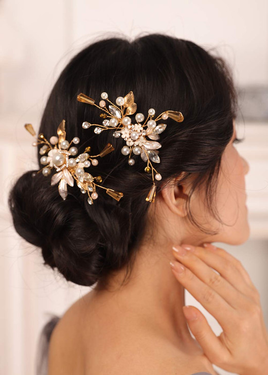 Kercisbeauty Gold Hair Comb Set for Women Wedding Bridal Headpiece with Champagne Crystal Pearl Hair Accessories