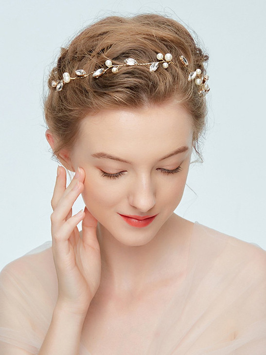 FXmimior Bridal Wedding Hair Vine Crystals Rhinestone Leaf Headband Wedding Party Evening Hair Accessories (gold)