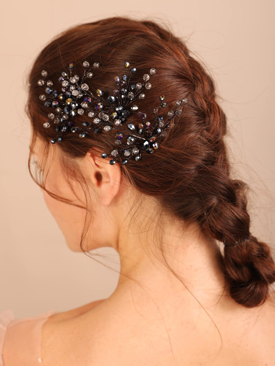 Kercisbeauty Wedding Bridal Black Crystal Hair Pins for Women and Girls Theme Party Hair Piece Set Handmade Dark Purple Hair Jewelry