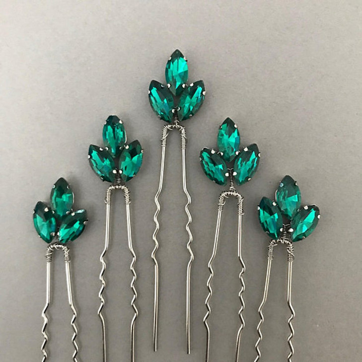 FXmimior Bride Hair Accessories Crystal Hair Pins Clip Bobby Pins Green Rhinestone Bridesmaid Headpiece Customised Wedding pack of 5