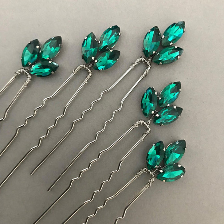FXmimior Bride Hair Accessories Crystal Hair Pins Clip Bobby Pins Green Rhinestone Bridesmaid Headpiece Customised Wedding pack of 5