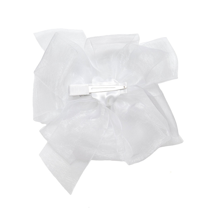 HAIRBOWS Girls' Double Organza Hair Bow with a Knot Wrap Center on a Clip, All Ages and Hair Types, 5 Inch Bow, White