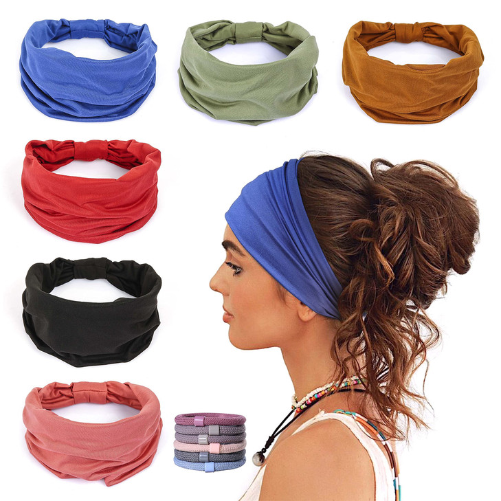 GiLi 6 Pack Wide Headbands for Women Non Slip Soft Elastic Hair Bands Yoga Running Sports Workout Gym Head Wraps, Knotted Cotton Cloth African Turban