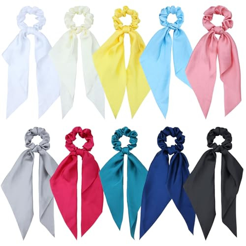 Lawie 10 Pack Colorful Solid Satin Long Hair Ribbons Knotted Hair Bows Long Tails Scrunchies Scarf Hair Ties Headbands Elastics Rubber Hairbands Scru