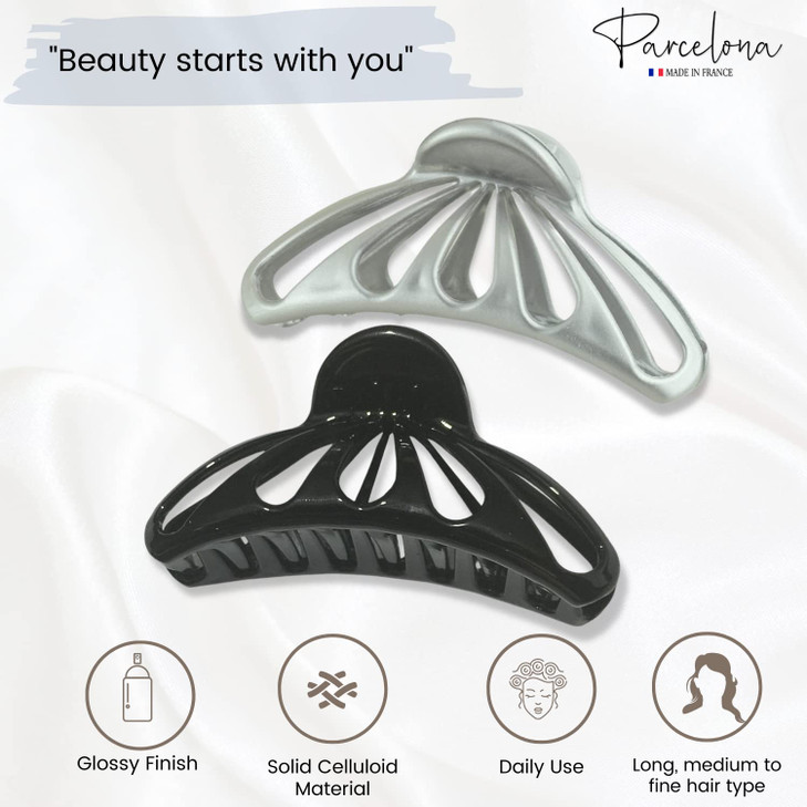 Parcelona French Rain Drop Set of 2 Small Silver Grey and Black Celluloid Jaw Hair Claw Clip with Covered Spring