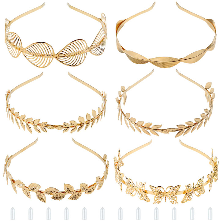 Dizila 6 Pack Gold Metal Leaf Butterfly Headbands Tiara Crowns Headpieces Hairbands Bridal Wedding Hair Accessories for Women Girls (12pcs Sheaths fo