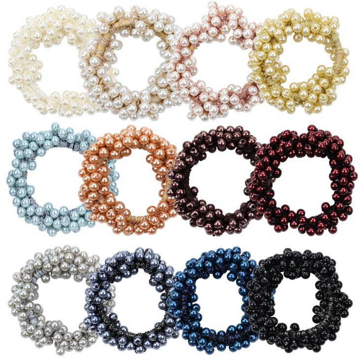 Dizila 12 Pack Stretchy Bling Glitter Sparkly Pearl Hair Ties Scrunchies Beaded Hair Elastics Decorative Thin Thick Hair Ponytail Holders Bracelet Ha