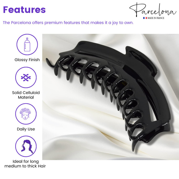Parcelona French Bend Narrow Large Jumbo 6" Black Celluloid Jaw Hair Claw Clip for Women