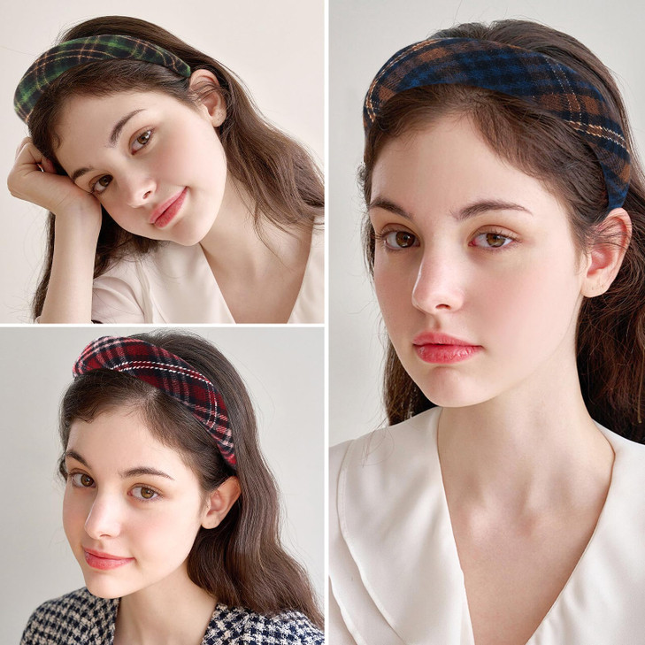 4Pcs Padded Headbands for Women Girls Cute Thick Plaid Hairbands Adult Set Green Navy Blue Brown Red Skincare Hair Hoop Wide Non Slip Soft Headwear C