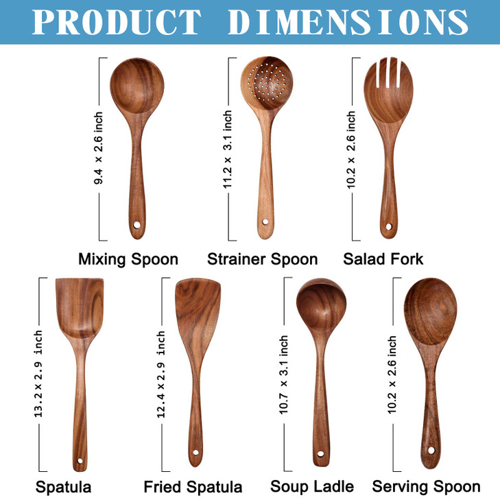 Wooden Non-Stick Kitchen Pan Toolset 7 Pieces Set,100% Natural Teak Kitchen Utensils Spatula, Wooden Cooking Utensils Spoons, Fried Spatula and Salad