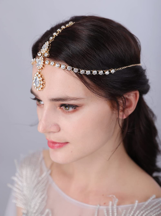 JWICOS Rhinestone Head Chain Crystal Hair Piece Bridal Wedding Hair Accessories Bohemian Crystal Halloween Hair Chain Headpiece for Women and Girls (