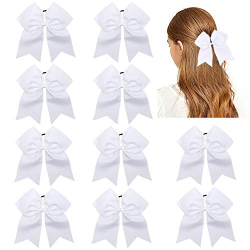 CN 10pcs 8" Cheer Hair Bows Large White Ponytail Holder Girls Elastic Hair Ties Handmade for Cheerleading Teen Girls College Sports Softball Competit