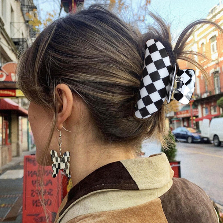 Womens Checkered Hair Clip Large Checkered Claw Clips Black And White Jaw Clip,2pack