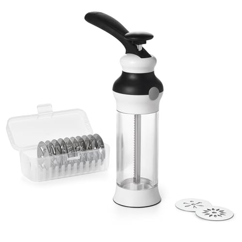 OXO Good Grips 14-Piece Cookie Press Set, Cookie Press with 12 Stainless Steel Disks and Storage Case, Holiday Baking and Everyday Treats, Essential