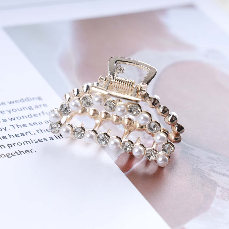Yheakne Vintage Pearl Hair Claw Clip Metal Gold Pearl Hair Claws Clip Thick Hair Holder Clips Strong Jaw Hair Clamp Non Slip Hair Catch Barrette Deco