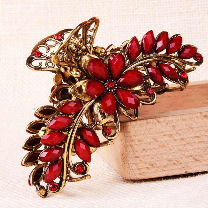 Suoirblss Large Metal Rhinestone Alloy Hair Claw Jaw Clip Retro Flowers Hair Clip Fancy Hair Barrette Clamp for Women Thick Hair (Red)