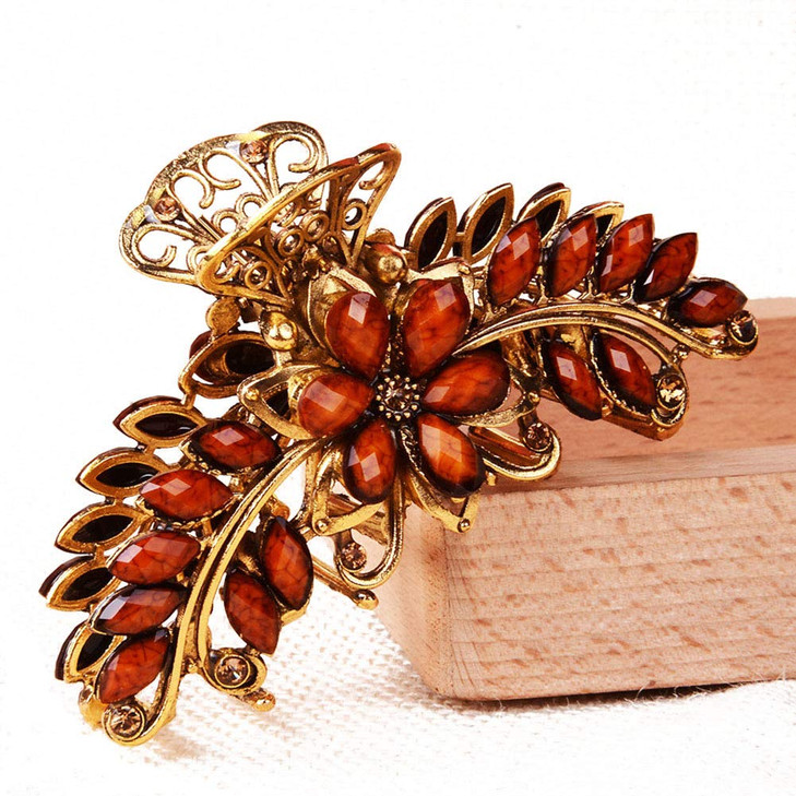 Suoirblss Large Metal Rhinestone Alloy Hair Claw Jaw Clip Retro Flowers Hair Clip Fancy Hair Barrette Clamp for Women and Girls Thick Hair (Brown)