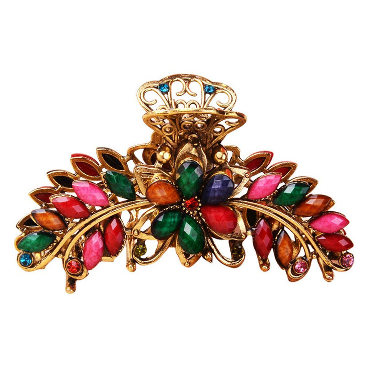 Suoirblss Large Metal Rhinestone Alloy Hair Claw Jaw Clip Retro Flowers Hair Clip Fancy Hair Barrette Clamp for Women and Girls Thick Hair (Colourful