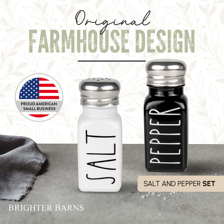 Salt and Pepper Shakers Set by Brighter Barns - Cute Modern Farmhouse Kitchen Decor for Home Restaurants Wedding - Gorgeous Vintage Glass Black White