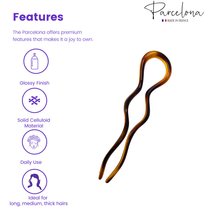 Parcelona French Wavy Long Tortoise Shell Brown Extra Large 5" Celluloid Made in France Crink U Shape Hair Bun Holder Hair Pin Stick for Women and Gi
