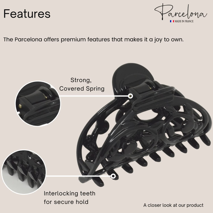 Parcelona French Jardin Black Medium Covered Spring Celluloid Jaw Hair Claw Clip Clamp Clutcher