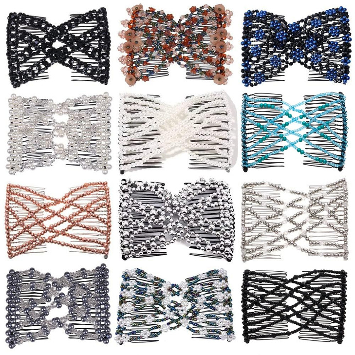 Ruihfas 12 PCS Magic Hair Side Combs Beaded Stretch Double Hair Side Combs Clips Bun Maker Hair Pins Hair Accessories for Women Curly Thick Wavy Hair