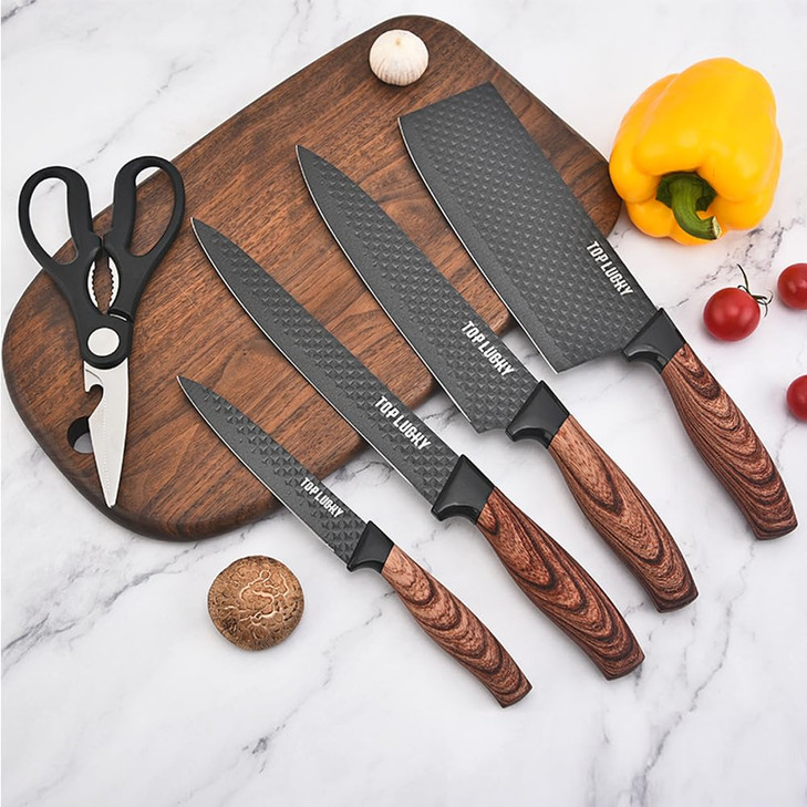 Knife Set, Wiztoynia 6-Piece Black Kitchen Knife Set for Home, Anti-Rust Non-stick Stainless Steel Sharp Chef Knife Set with Universal Knife Block fo