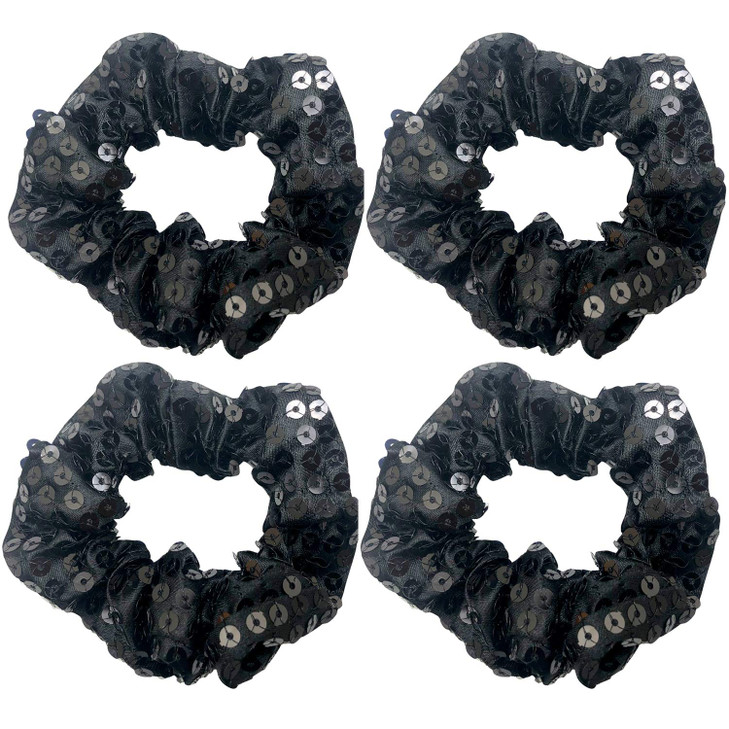 4 Pack Black or Gold Tone Sequins Hair Scrunchies Satin Fabric Scrunchy Bobbles Elastic Hair Ties Bands Hair Accessories for Women Girls (Black)