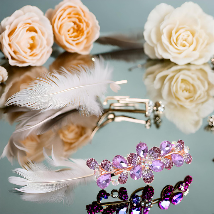 Ruihfas Women Girls Crystal Rhinestone Flower Pattern Hair Spring Clip Hairpin Sweet Hair Accessories (Purple)