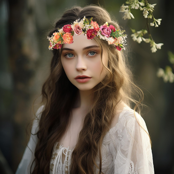 Vivivalue Women Floral Crown Rose Flower Headband Hair Wreath Floral Headpiece Halo Boho with Ribbon Wedding Party Festival Photos