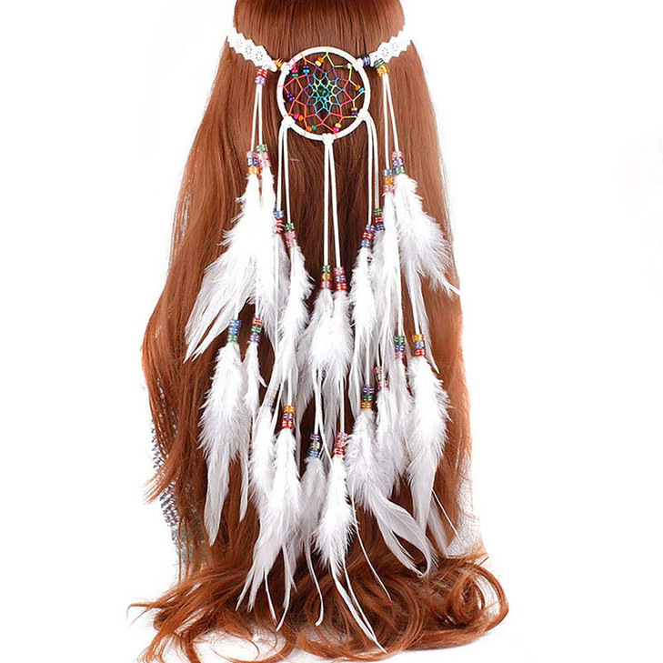 Fodattm Bohemian Handmade Dreamcatcher Feather Headband Headdress Fascinator Hippie Indian Style Feather Headpiece Hairband Headwear (White)