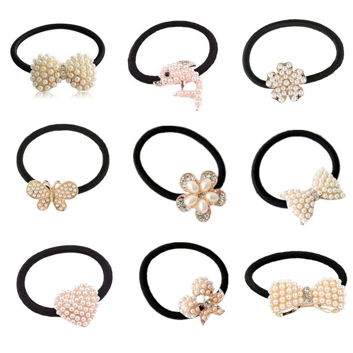 Lovef 9 Pcs Beautiful Full Pearl with Crystal Rhinstone Flower Bow Fish Butterfly Design for Baby Kids Girl Women Hair Accessories Elastic Tie Ponyta
