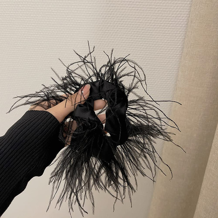 1PC Elegant Artificial Ostrich Feathers Hair Scrunchies Hair Tie Rope Elastics Hair Bands Ponytail Holders Hair Accessories for Women Girls, Black