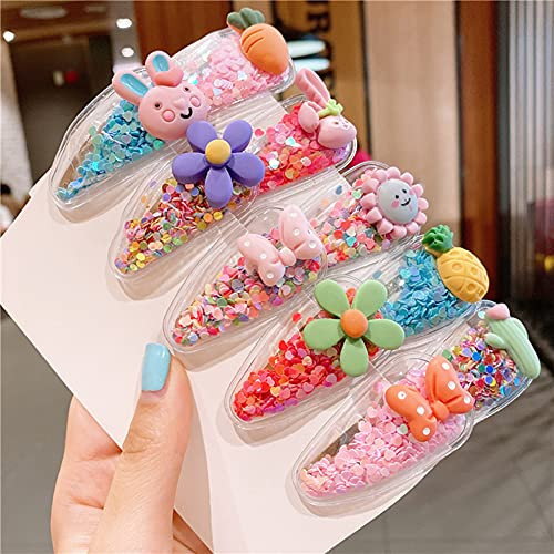SUKPSY 10 Pcs Glitter Hair Clips for Girls, Animal Fruit Flower Sparkle Transparent Hairpins Snap Barrettes Hair Accessories for Children's Day and P