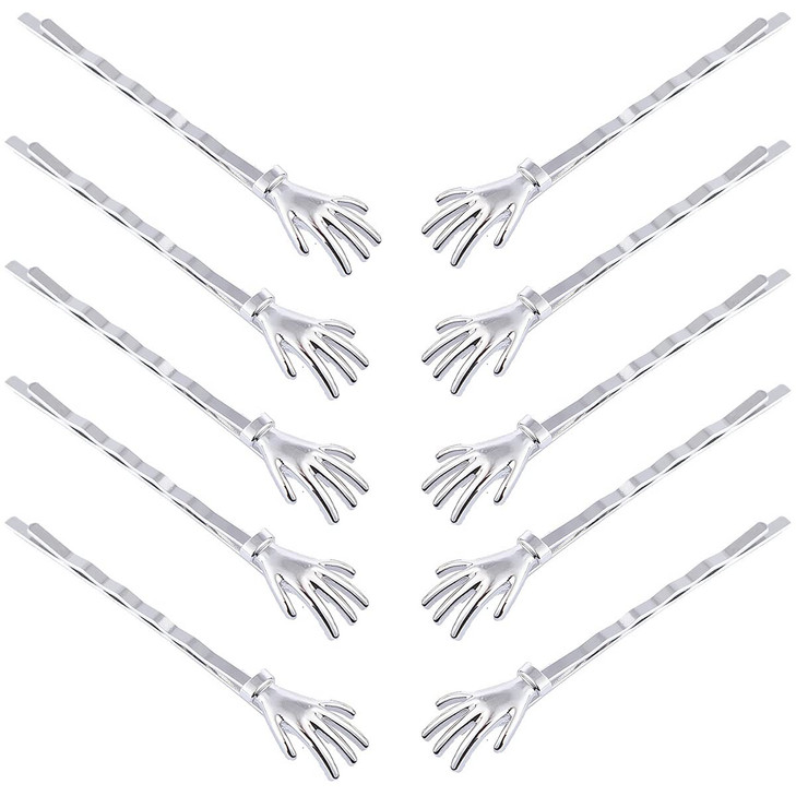 10Pcs Cute Spooky Skeleton Hands Bobby Pins 2.5" Halloween Hair Clips Women Girls Accessories, Silver