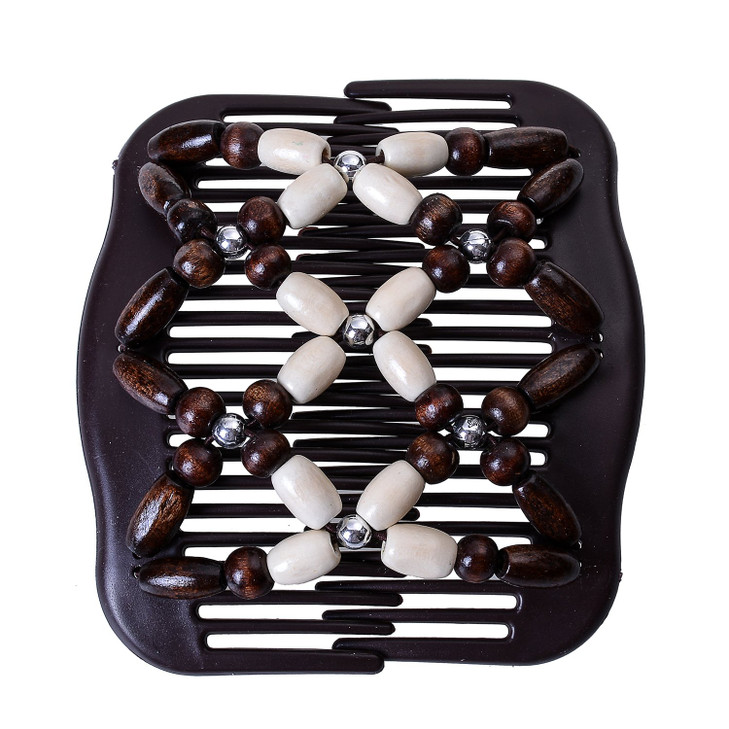 LOVEF Women Magic Hair Combs Wood Beaded Stretch Double Side Combs Clips Bun Maker Hair Accessories (Beige)