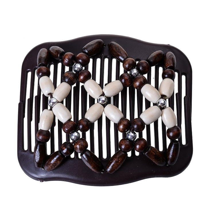LOVEF Women Magic Hair Combs Wood Beaded Stretch Double Side Combs Clips Bun Maker Hair Accessories (Beige)