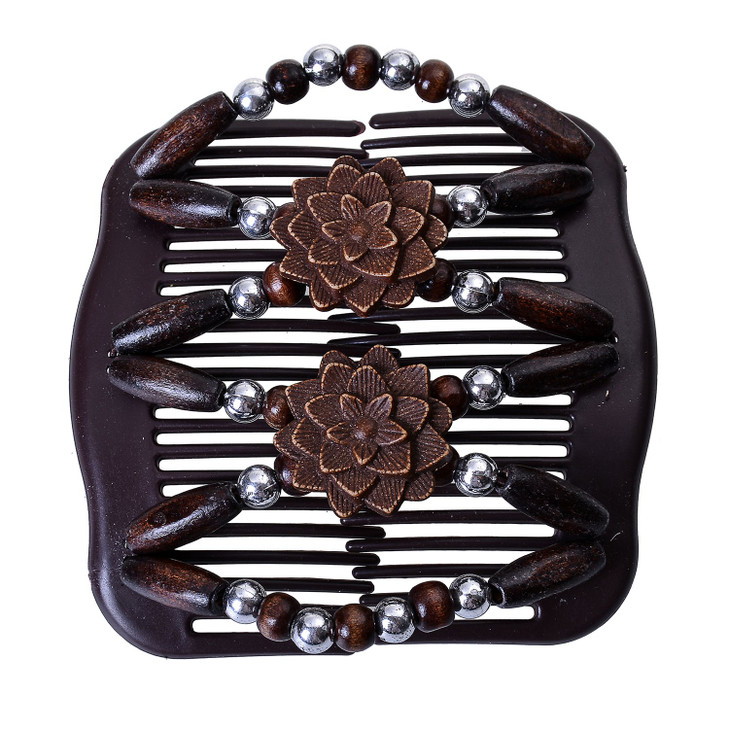 LOVEF Women Magic Hair Combs Wood Beaded Stretch Double Side Combs Clips Bun Maker Hair Accessories (Coffee)