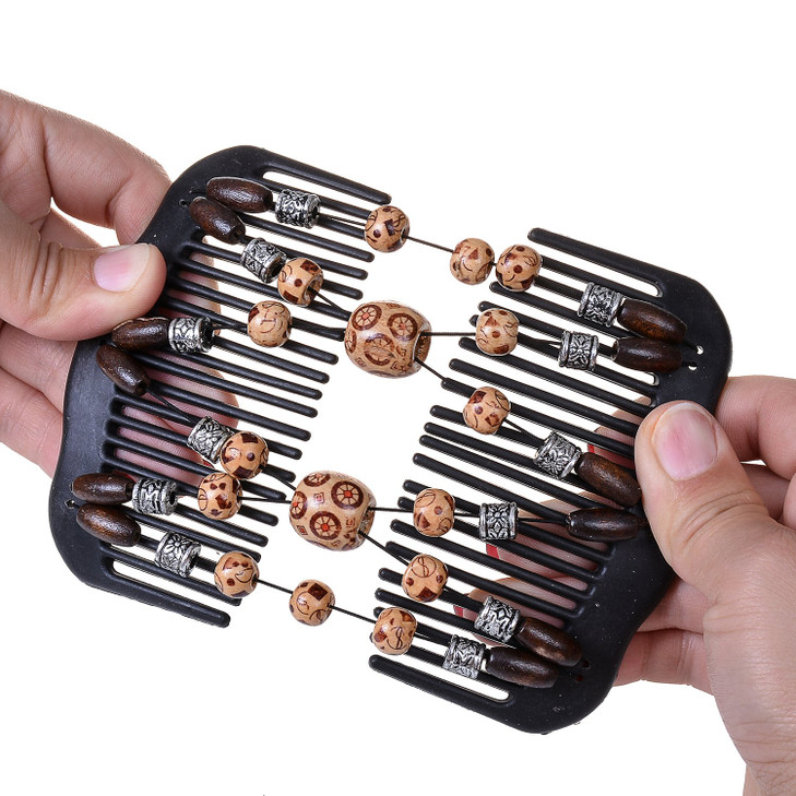 LOVEF Women Magic Hair Combs Wood Beaded Stretch Double Side Combs Clips Bun Maker Hair Accessories (Coffee 1)