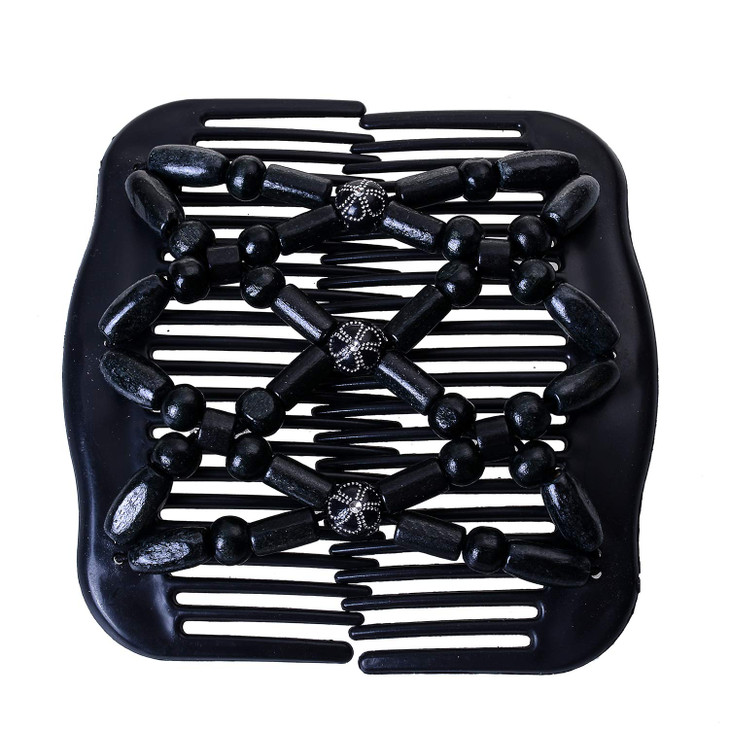 LOVEF Women Magic Hair Combs Wood Beaded Stretch Double Side Combs Clips Bun Maker Hair Accessories (Bead Back)