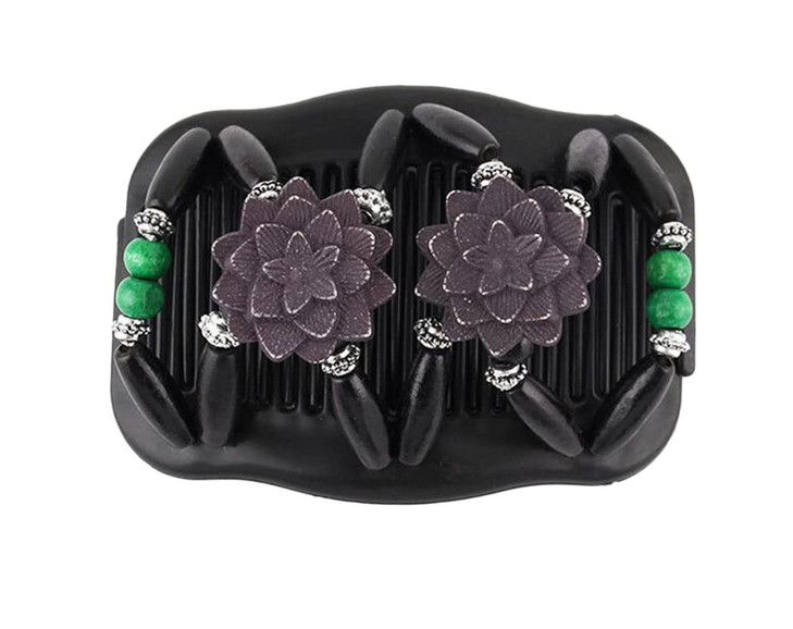 LOVEF Women Magic Hair Combs Wood Beaded Stretch Double Side Combs Clips Bun Maker Hair Accessories (Flower Black)